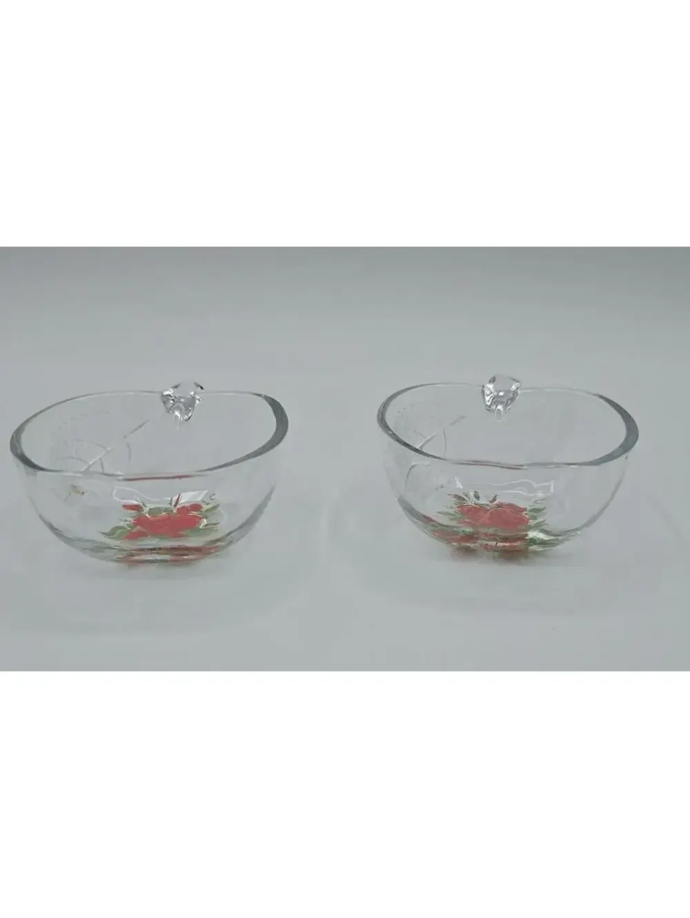 Vintage Jeannette Glass Apple Trinket Bowls Set 2 Rose Floral Candy Dishes